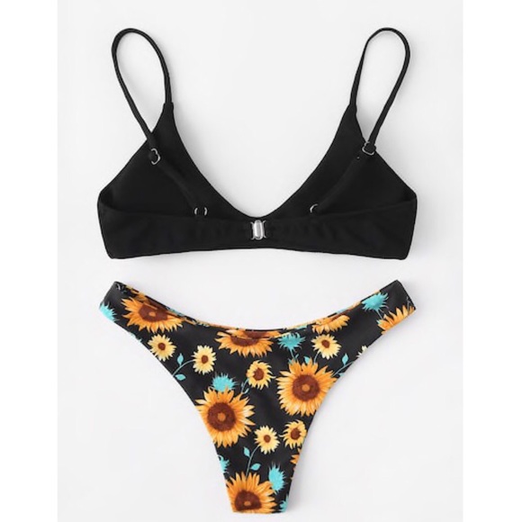 CLEARANCE Black Sunflower Floral Plunge Bikini Swimsuit - Picture 2 of 5